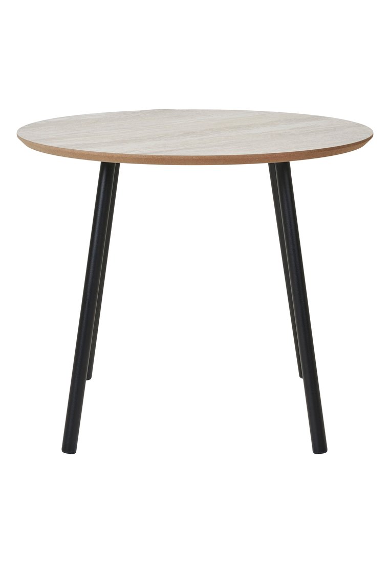 Runder Tisch mit einer Tischplatte aus hellem Holz, Kantendetails und drei schwarzen Metallbeinen. Glatte Oberfläche mit schlichem Design.