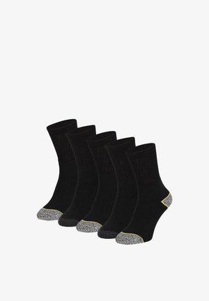 Fünf Paare schwarze Crew-Socken mit verstärkten grauen Zehen und Fersen, in einer Reihe auf weißem Hintergrund angeordnet.