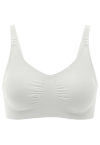 Weißer kabelloser BH mit gerafftem Stoff am Brustbereich, verstellbaren Trägern und glatter Textur. Ohne Bügel oder Polsterung.