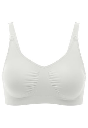 Weißer kabelloser BH mit gerafftem Stoff am Brustbereich, verstellbaren Trägern und glatter Textur. Ohne Bügel oder Polsterung.
