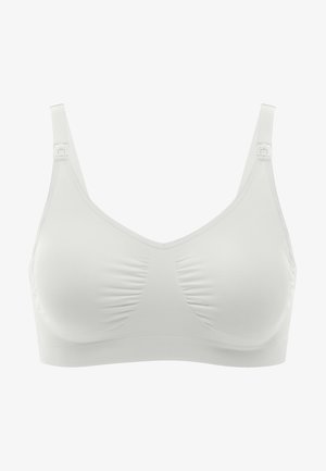 Weißer kabelloser BH mit gerafftem Stoff am Brustbereich, verstellbaren Trägern und glatter Textur. Ohne Bügel oder Polsterung.