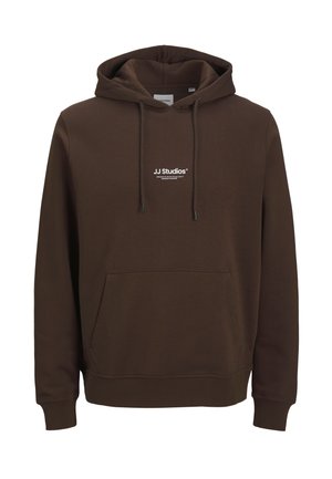 Hoodie marron avec une poche avant, cordons ajustables et un petit logo blanc sur la poitrine. Fabriqué en matériau doux et texturé.