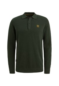Dunkelgrüner gestrickter Polo-Pullover mit Kragen, drei Knöpfen und einem kleinen quadratischen Logo-Patch auf der Brust. Lange Ärmel und strukturierter Stoff.