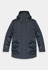 Pehmendusega tumehall jope kapuutsiga, millel on tõmblukuga taskud, tekstureeritud varrukad ja reguleeritav nöör kaela juures.