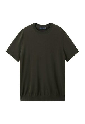 Tmavozelené krkortruké pletené tričko s okrúhlym výstrihom, rebrovaným golierom a lemom, rozložené na bielom pozadí.