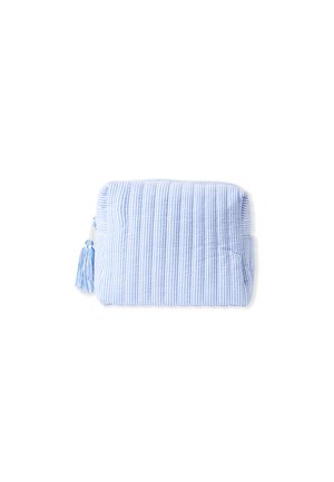 Striped blue fabric pouch with a textured surface, featuring a zip closure and a tassel accent on the side. Compact and rectangular design.