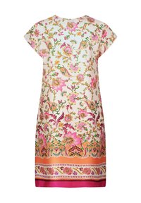 Robe à manches courtes avec un fond blanc et un motif floral et cachemire coloré dans des tons de rose, vert, orange et jaune.