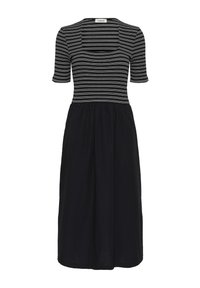 Črna obleka z oprijetim zgornjim delom z zaključki v črtah in kratkimi rokavi ter sijočo črno krilo iz mehke tkanine. Kvadratni izrez.