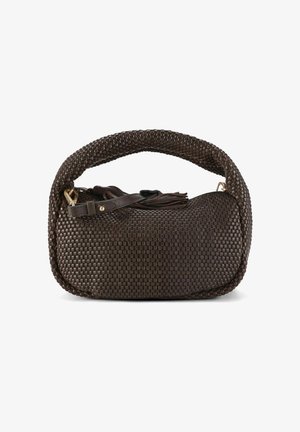 Borsa a mano in pelle intrecciata marrone scuro con forma arrotondata, manico spesso e dettaglio decorativo a nappina in pelle attaccato alla zip.