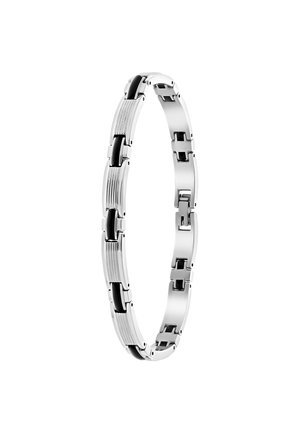 Silver bracelet featuring alternating polished and textured links, with black accents. The design is slim and elongated, with a clasp closure.