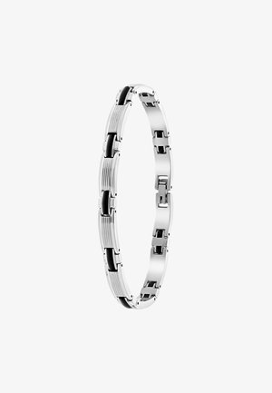 Zilveren armband met afwisselend gepolijste en gestructureerde schakels, voorzien van zwarte accenten. Het ontwerp is slank en langwerpig, met een sluiting.