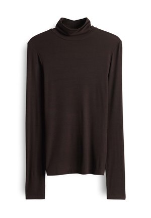 Dark brown long-sleeve fitted turtleneck sweater with a smooth, lightweight fabric on a white background.