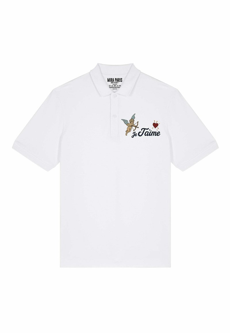 T-shirt polo blanc à manches courtes, avec un design de chérubin et de cœur brodé, portant le texte "Je t'aime" en noir.