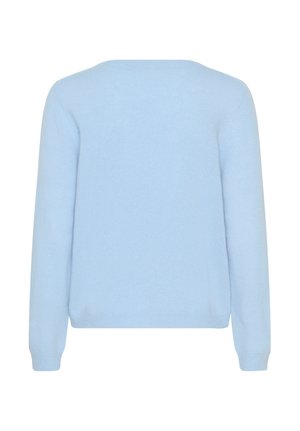 Maglione a maniche lunghe di colore azzurro chiaro, visto da dietro, con polsini e orlo a costine.