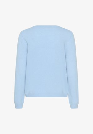 Maglione a maniche lunghe di colore azzurro chiaro, visto da dietro, con polsini e orlo a costine.