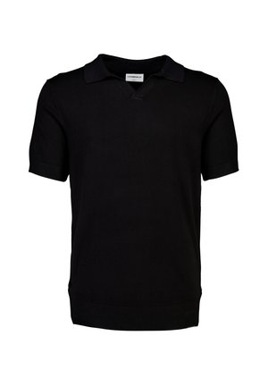 Polo shirt nera con maniche corte, realizzata in tessuto a maglia morbido. Presenta un colletto classico e un orlo aderente. Design semplice e monocolore.