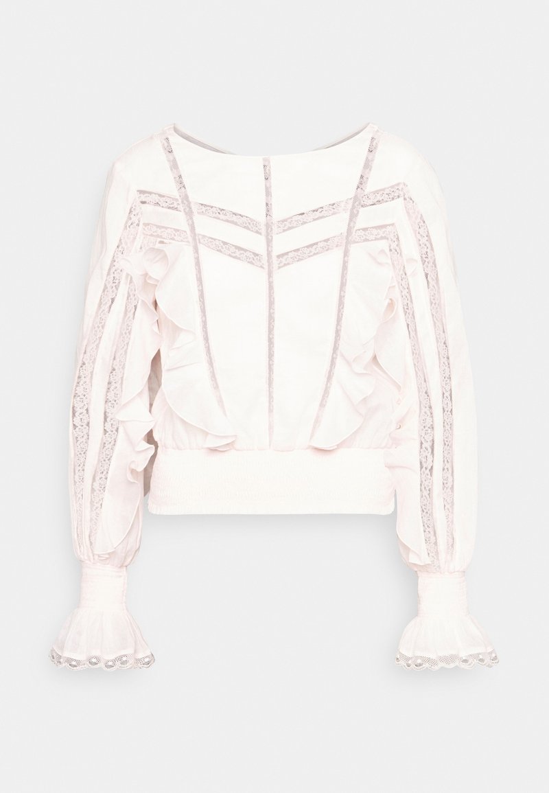 Blouse rose clair avec des détails froncés, des accents en dentelle et des manches longues avec des poignets élastiques. Tissu doux avec un ourlet ajusté.