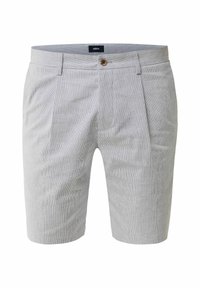 Hellgraue Shorts mit feinem Streifenmuster, aus leichtem Stoff gefertigt, mit einem einzigen Frontknopf und Faltendetails.