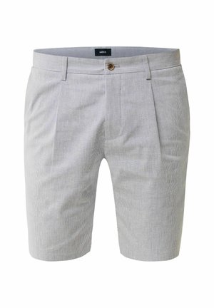 Light gray shorts in a subtle stripe pattern, made from a lightweight fabric, featuring a single front button and pleat details.