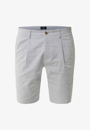 Lichtgrijze shorts in een subtiele streepmotief, gemaakt van een lichtgewicht stof, met een enkele knoop aan de voorkant en plooi-details.