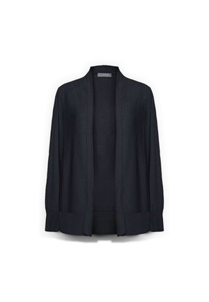 Zwarte openvallende lange mouwen cardigan met geribbelde manchetten en zoom, getoond tegen een witte achtergrond.