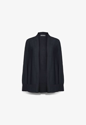 Schwarzer, offen vorne getragener Langarm-Cardigan mit gerippten Bündchen und Saum, präsentiert vor weißem Hintergrund.