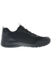 Zapato deportivo negro con parte superior de malla, acentos texturizados, punta redonda y suela acolchada, diseñado para la comodidad y la transpirabilidad.