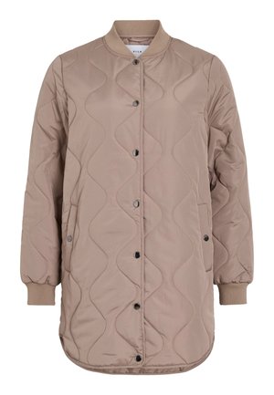 Lange beige gewatteerde jas met drukknopen, geribbelde manchetten en kraag, twee zijzakken en golfpatroon stiksel.