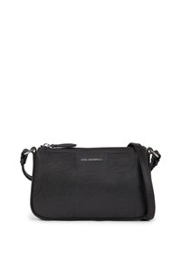 Borsa a tracolla in pelle nera con logo Karl Lagerfeld in rilievo, chiusura con zip, tracolla removibile e texture liscia. Forma rettangolare compatta.
