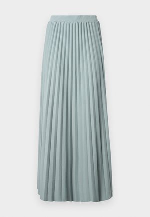 Jupe maxi plissée bleu clair avec une large ceinture élastique. Fabriquée en tissu lisse, elle présente des plis verticaux et une silhouette fluide.