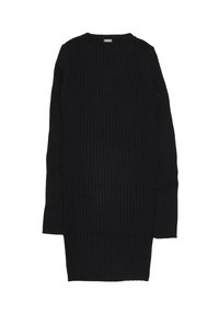 Vestito nero a coste a maglia con maniche lunghe e scollatura rotonda. Presenta una silhouette aderente e un motivo in tessuto testurizzato.