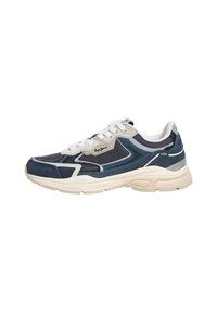 Sport sneaker in navy blue and beige, featuring a mix of materials, mesh and suede accents, white laces, and a textured sole with logo detail.