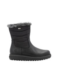 Schwarze Knöchelstiefel mit einer strukturierten Lederoberfläche, einem gepolsterten Stoffobermaterial und einem Kunstpelzrand. Verfügt über eine Gummisohle mit einem leichten Plateau.