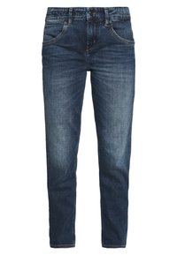 Jeans de mezclilla azul oscuro con un diseño de pierna recta, cinco bolsillos, un botón y cremallera, y un ligero desgastado en los muslos.