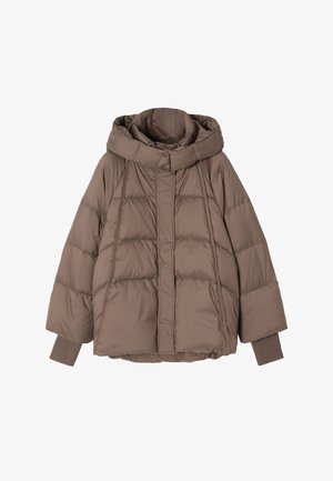 Brown padded winter jacket with high collar, front snap buttons, and ribbed cuffs extending from wide sleeves.