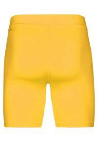 Gelbe, enganliegende Shorts aus dehnbarem Stoff. Sie haben eine glatte Textur, eine Länge bis zur Mitte des Oberschenkels und ein schlichtes Design ohne zusätzliche Muster oder Akzente.