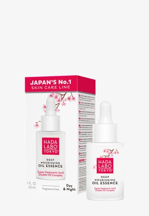 Butelka i pudełko Hada Labo Tokyo Deep Nourishing Oil Essence z kwiatami wiśni, oznaczone do stosowania na dzień i na noc, bezzapachowe, 30 ml.