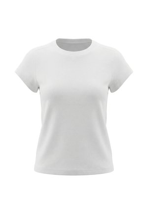 Schlichtes weißes T-Shirt mit kurzen Ärmeln und Rundhalsausschnitt, figurbetont, frontseitig auf weißem Hintergrund abgebildet.