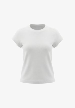 Simpel hvid T-shirt med korte ærmer og rund hals med tætsiddende pasform, vist forfra på en hvid baggrund.