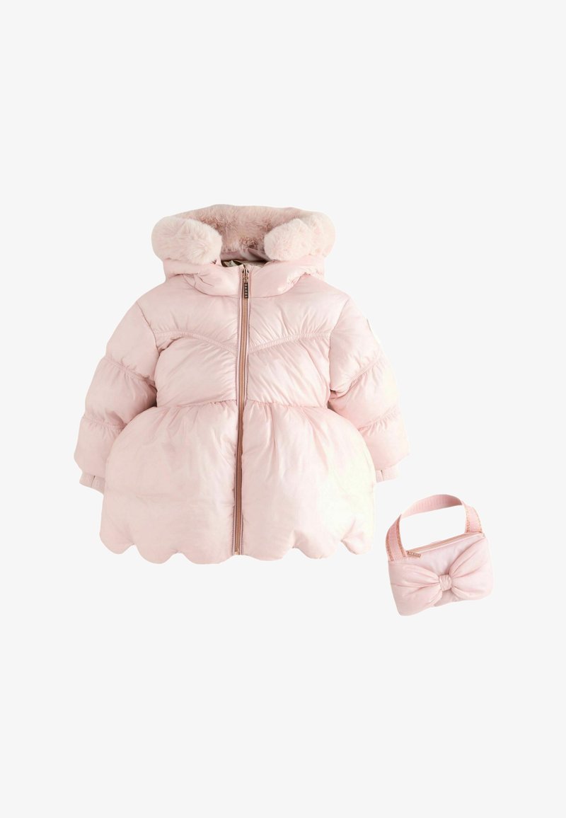 Rosa Daunenjacke mit flauschiger Kapuze, Frontreißverschluss und gewelltem Saum. Inklusive einer passenden Handtasche mit Schleifenakzent. Glatte Textur.