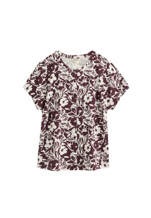 Cămașă cu nasturi cu mâneci scurte, cu model floral bordo și alb și decolteu rotund.