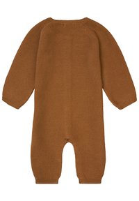 Salopette en tricot marron à manches longues, avec des poignets côtelés et un motif texturé ; dotée d'un col arrondi et d'ouvertures aux pieds.