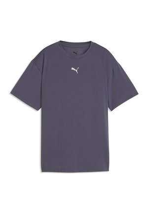 Mørkegrå kortærmet atletisk t-shirt med rund hals og lille hvid Puma-logo centreret på brystet.