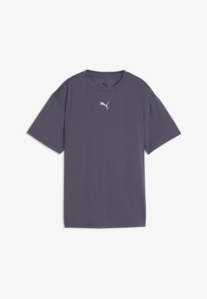 Dunkelgraues sportliches T-Shirt mit kurzen Ärmeln und Rundhalsausschnitt, mit kleinem weißem Puma-Logo mittig auf der Brust.