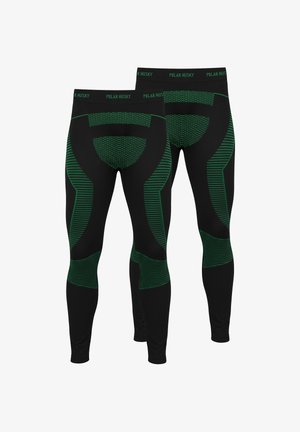 Schwarze Leggings mit grünen Akzentdetails und gestreiften Mustern, ausgestattet mit einem figurbetonten Design und elastischem Bund für Komfort und Halt.