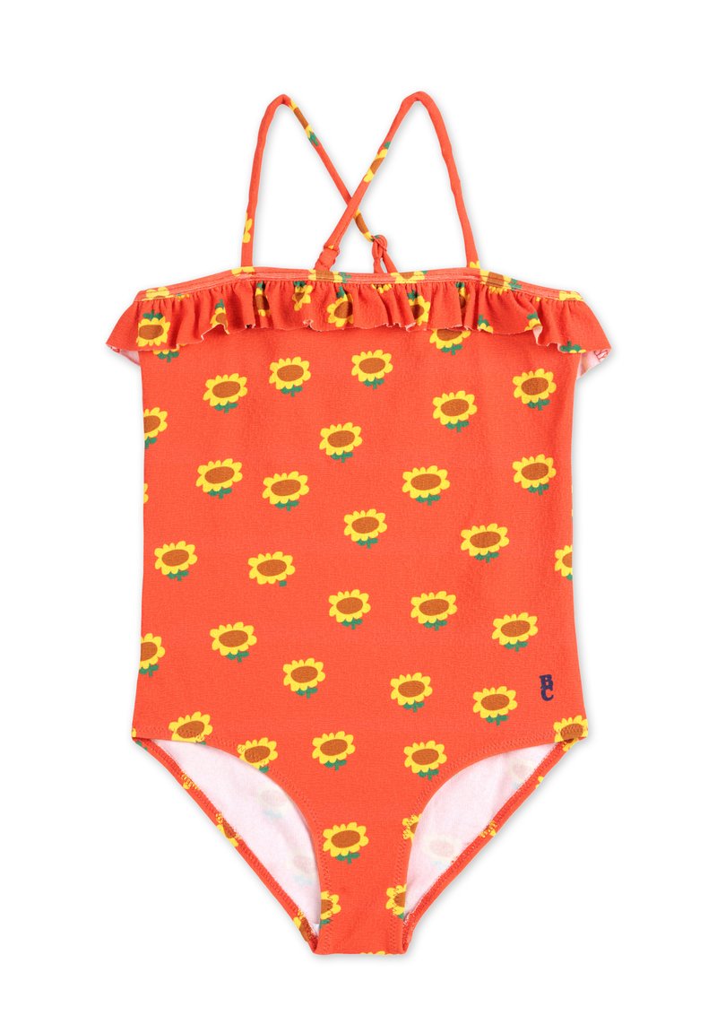 Maillot de bain une pièce rouge avec un motif de tournesols jaunes, encolure volantée, bretelles ajustables et texture de tissu lisse.