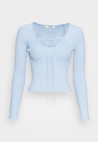 Top de mangas longas em azul-claro canelado com uma silhueta ajustada, decote em forma de U e detalhe com laço no peito. Textura suave e material elástico.