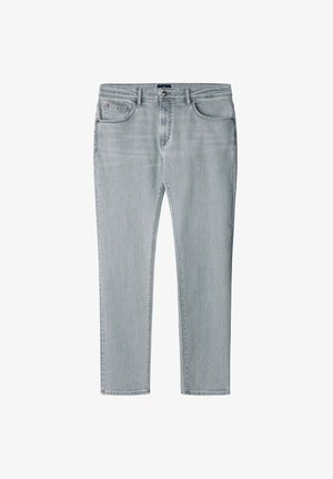 Hellegraue Denim-Jeans im Slim Fit, mit einem klassischen Fünf-Taschen-Design, Frontknopfverschluss und dezenten Nähten.