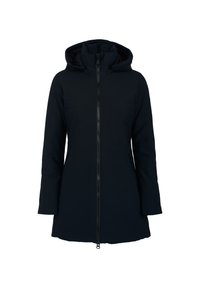 Parka nera impermeabile con zip frontale, cappuccio, maniche lunghe e un leggero restringimento in vita. Tessuto liscio senza motivi visibili.
