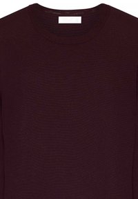 Bordeauxfarbener Strickpullover mit Rundhalsausschnitt und geripptem Muster. Sauberes Design ohne sichtbare Drucke oder Verzierungen.